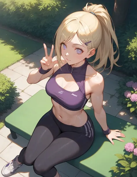 from above, (sitting),  score_9, score_8_up, score_7_up, ((solo)), 1girl, ino yamanaka, long hair, naruto, blonde hair, ponytail, medium breast, (((pose))), hands, fingers, high neck halter top, (leggings), big hips, Anatomically correct, sneakers, park, p...