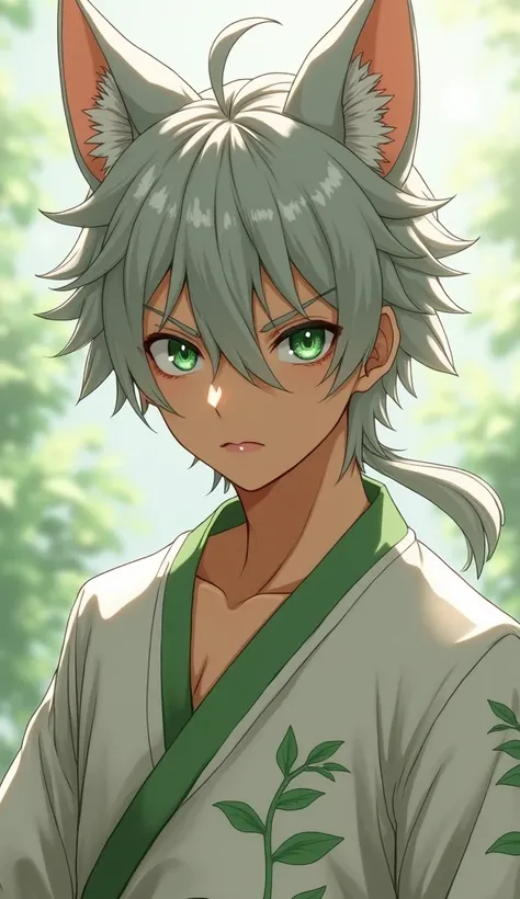 Realistic anime-style 4k quality image ,  where there is a handsome 23-year-old man , Half human and half feline with cat ears ,  he has brown skin ,  gray hair and long , eyes in the color green .  This same man has a serious and calm face , And to look s...