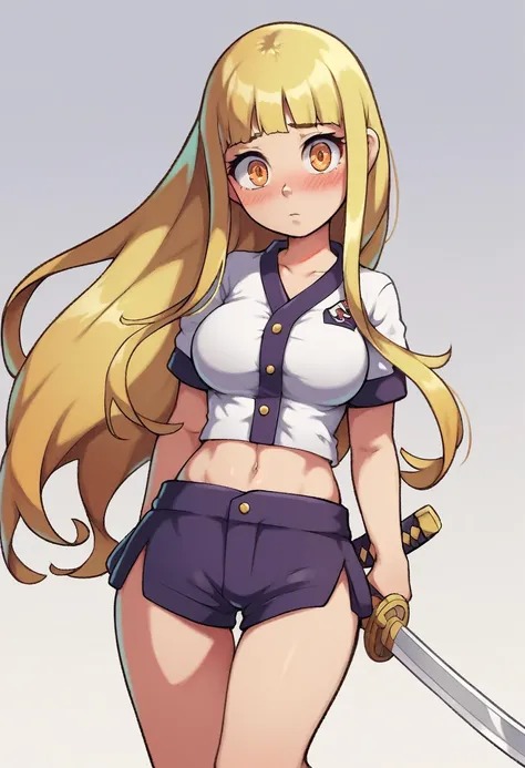 score_9, score_8_up, score_7_up, source_anime, best quality, clear face,small girl samurai,yellow hair, orange eyes, long hair, large breasts, perfect body, standing, serius cute, white mini shirt, black mini shorts,cute clothes, indoor,blushing,embrassed,...