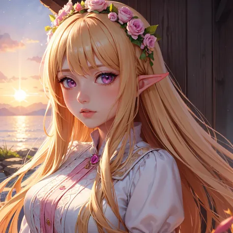 Best quality, best artist, best illustrator, highly detailed 8k CG wallpaper, best lighting, best painting coloration, a beautiful girl, long blond hair, dark pink eyes, beautiful, conveying emotions, delicate face, wearing a beautiful pink dress, in a wat...