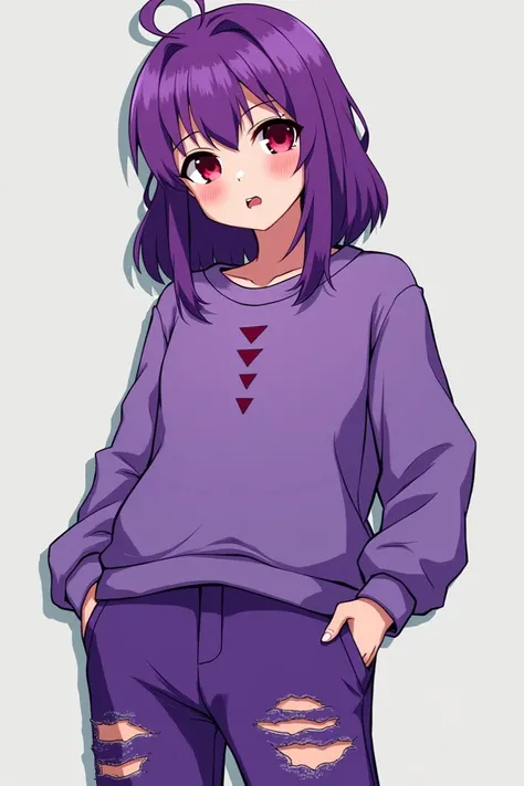 Anime style drawing of a teenager with purple hair and red eyes, some marks the same color as the triangular eyes on her chin, wearing a purple sweatshirt and worn and torn purple pants. 