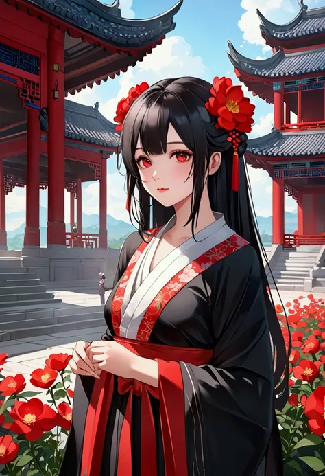 anime girl in a red and black dress with red flowers in her hair, artwork in the style of guweiz, guweiz, chinese girl, trending on cgstation, cute anime waifu in a nice dress, guweiz on pixiv artstation, palace ， a girl in hanfu, beautiful digital artwork...