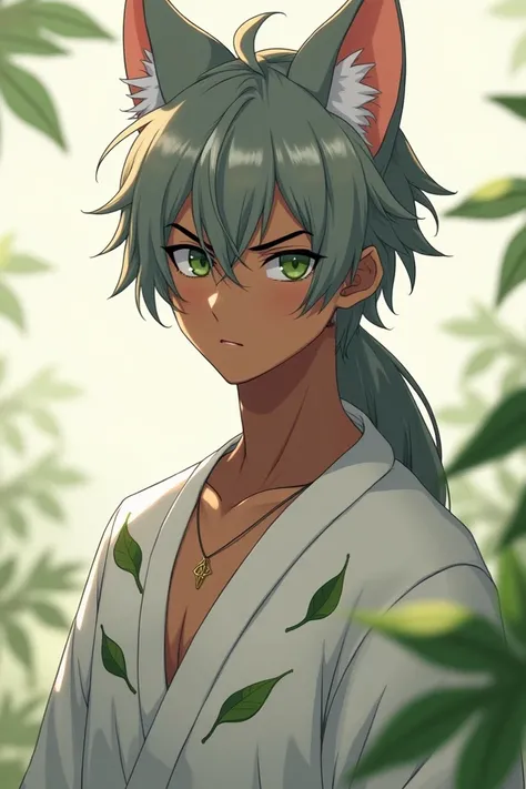 Realistic anime-style 4k quality image ,  where there is a handsome 23-year-old man , Half human and half feline with cat ears , He has dark brown skin ,  gray hair and long , eyes in the color green .  This same man has a serious and calm face , And to lo...