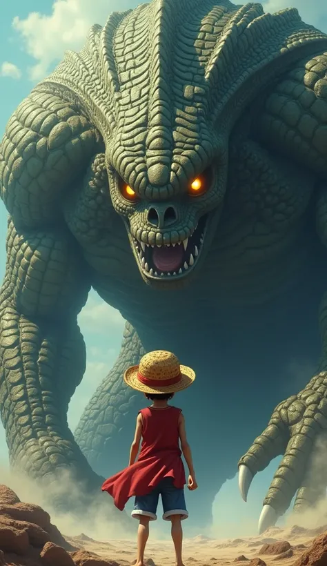 In the image, Luffy, the protagonist of One Piece, stands firm and courageous as he faces a legendary, rare monster. The creature is enormous, with terrifying features, glowing eyes, and a body covered in large scales, resembling armor or reptilian hide, g...