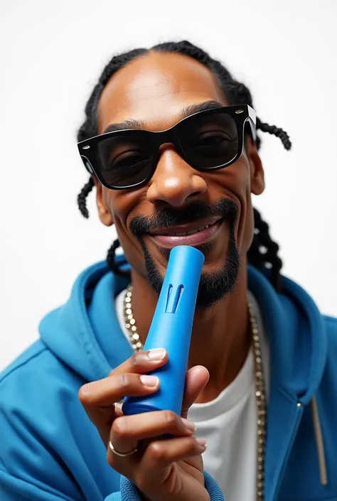 Snoop Dogg blowing a blue toy kazoo with a white background
