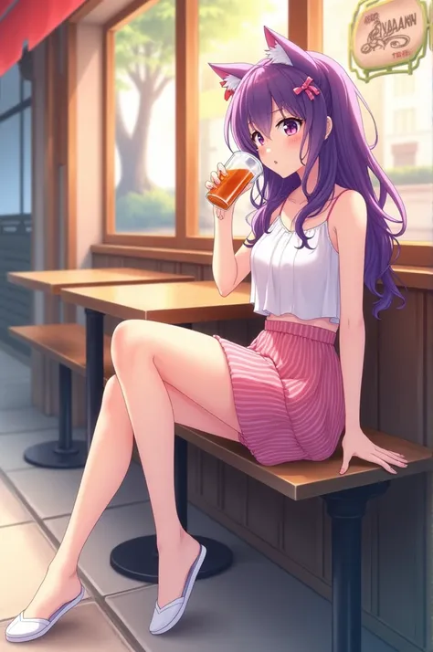 Beautiful anime woman sexy purple eyes long wavy purple hair with two little ribbons in the shape of cat ears ,  pink skirt with vertical stripes short sleeveless white blouse casual low white shoes in a street restaurant sitting drinking iced tea, Full bo...