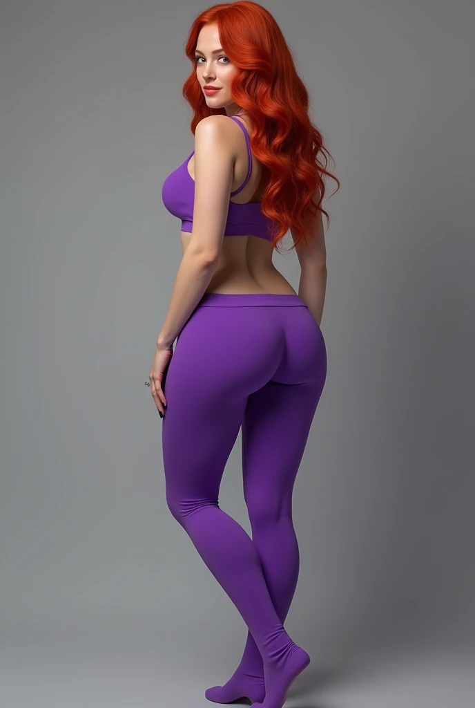 ((masterpiece, best quality)), ((30 year old)), (((Curvy))), ((red haired ginger woman with wavy hair )), in ((purple cotton high leg panties)), ((purple sports bra)), ((wide hips)), (standing in front of a grey screen), black fingernails, (back towards th...