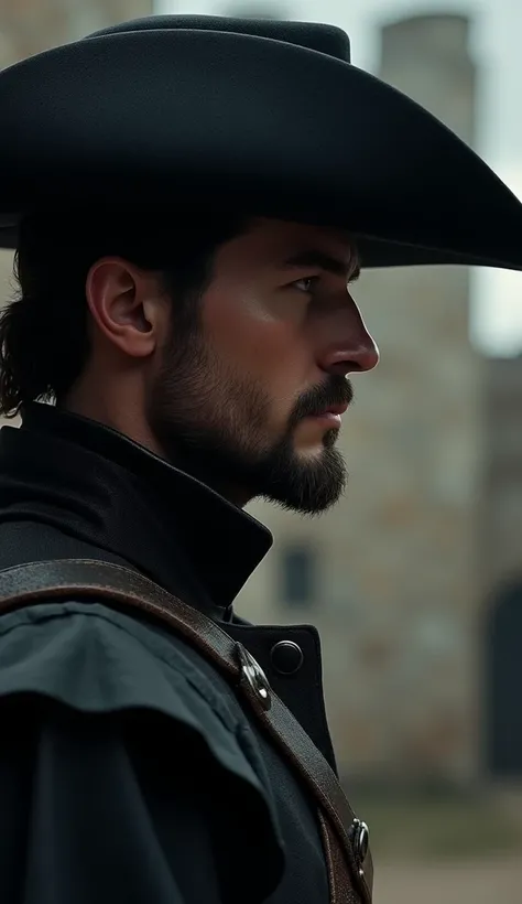  Cinematic 3D portrait of the Corinthians Musketeer ,  wearing a black musketeers hat and stylish goatee . The pose is in profile , almost head on,  revealing a firm and courageous look .  The wide-brimmed hat shades part of the face ,  while soft lighting...