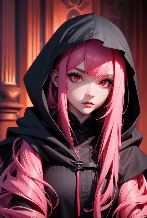 female vampire with long pink hair, with red eyes wearing short  black gothic dress , with hood