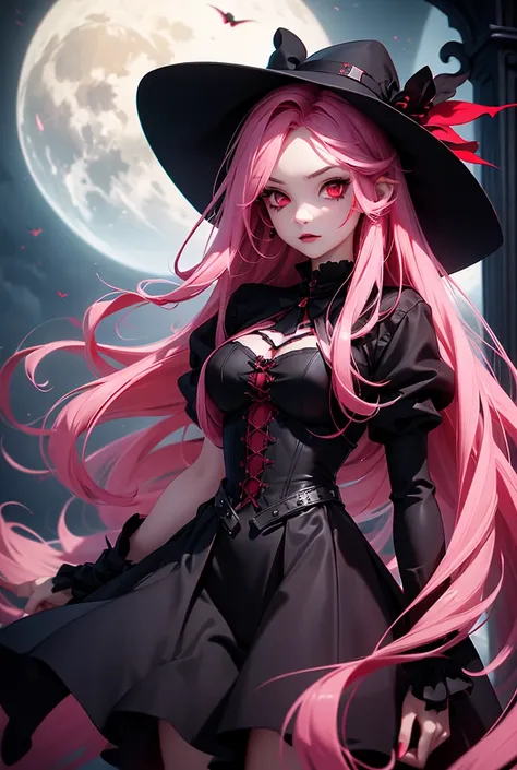 female vampire with long pink hair, with red eyes wearing short  black gothic dress , 