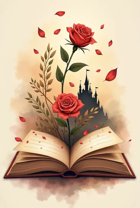  Tattoo of an open book with illustrations coming out of the pages, including a rose and a castle ,  inspired by Beauty and the Beast ,  in watercolor style and warm tones 