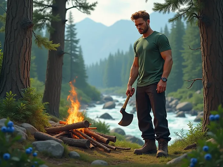 The man from the previous promo went into the forest to get firewood. In the forest, he chops branches with an axe. Blueberries grow in the forest. A woodpecker sits on top of a tree. A mountain river rages in the background. The man is tall, athletic, wit...