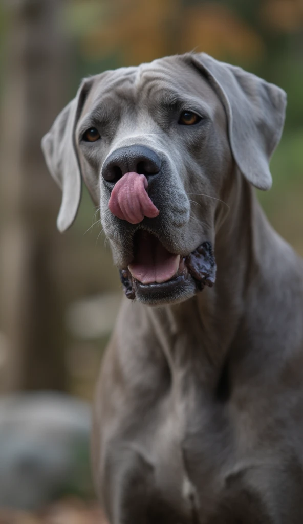 a realistic male Great Dane dog measuring 111.8 cm completely gray, licking the camera lens with a smiling look!