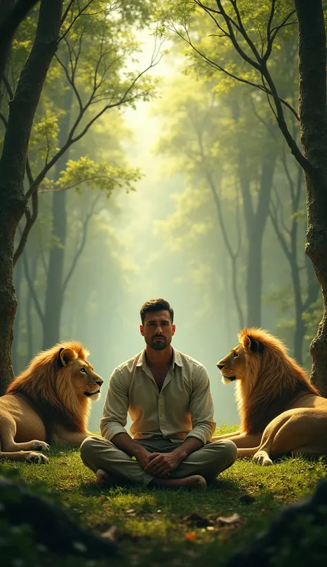 create an image of a man sitting in the forest surrounded by lions,