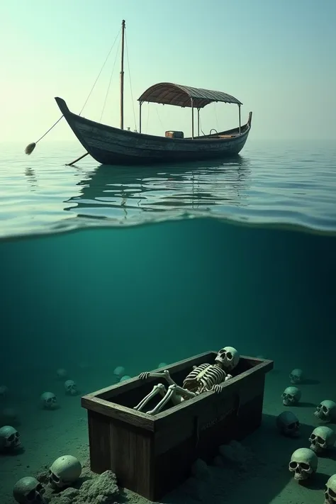 A Dhoani in the sea. Beneath it skulls on the water. 
And a grave box infront of the dhoani a skeleton in the grave box