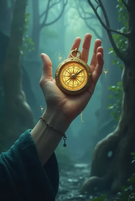 Create me a fantasy picture where you can only see one hand with a magic compass in one hand without tattoos and the compass looks magical 