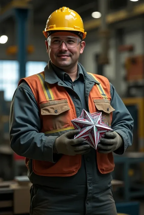 Worker from an industrial company with all his epps in uniform placing a Christmas star to color
