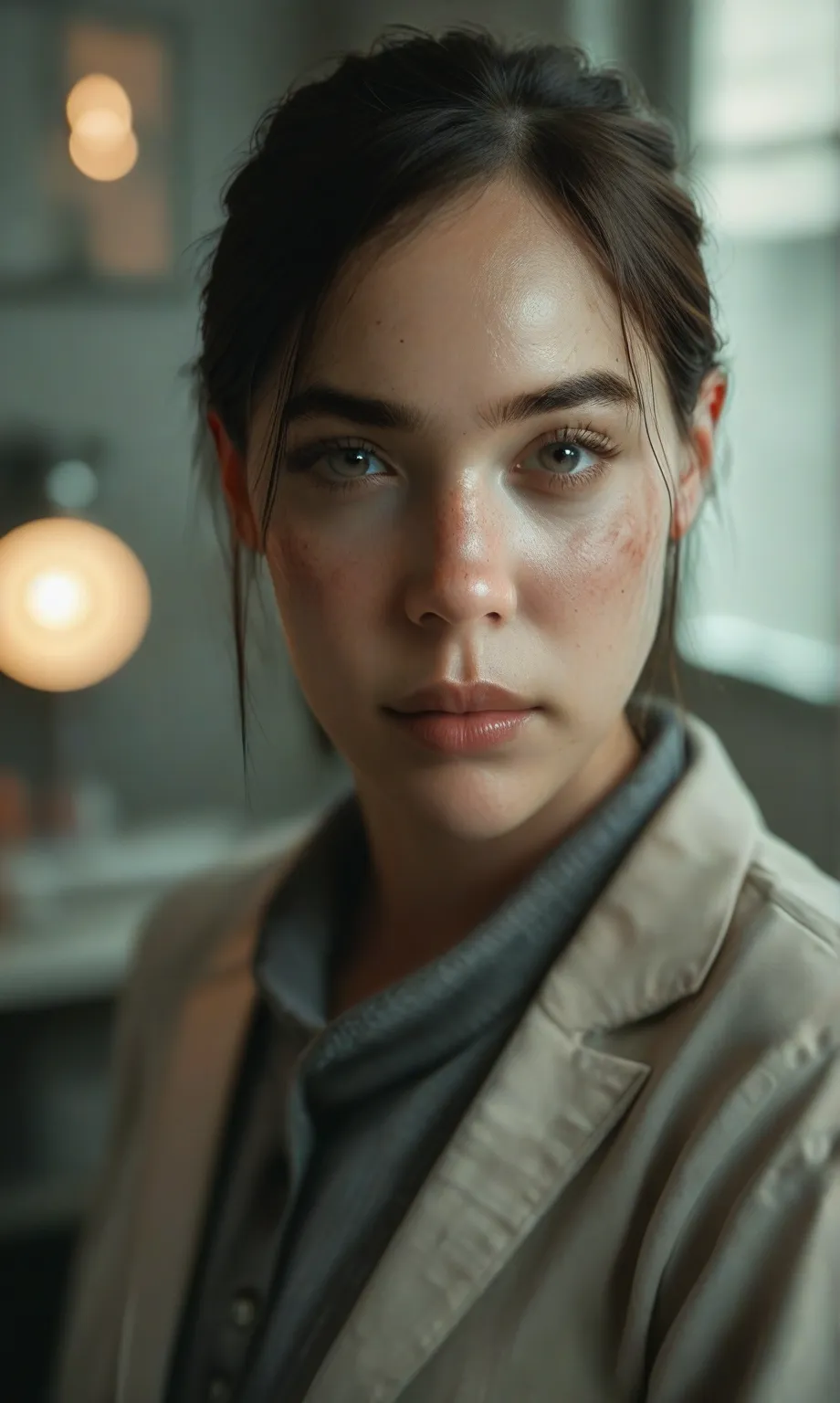 score_9, score_8_up, score_7_up, score_6_up, photo, realism, photorealistic, professional portrait, the last of us, ellie from the last of us, looking at viewer, ruined city, depth of field, dramatic lighting,