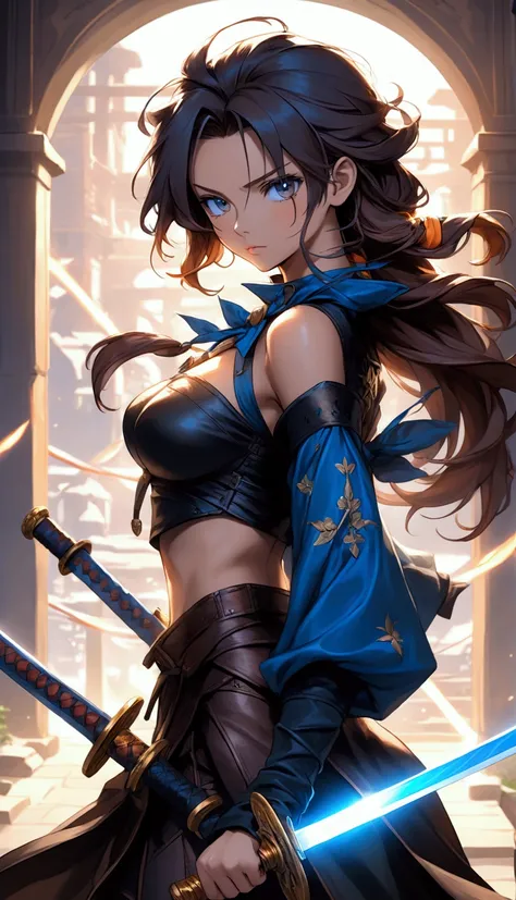 Brown anime woman. She’s skinny and slim. Her hair colour is brown at shoulder length with blue and orange dyed at the ends. She wears blue, and black combat outfit. She stands upright with her swords at her side