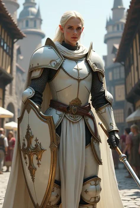  A tall noble Paladin-class elf, wearing white armor , with shield and spear, in a medieval city. 