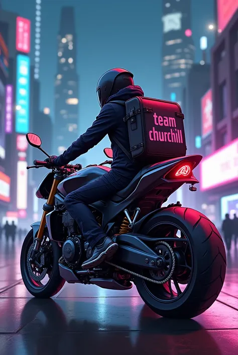 Anime style motorcycle 
With backpack that says Team Churchill in large 
