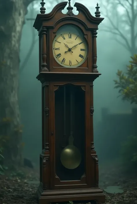 A grandfather clock with blurred hands ,  that rotate unusually fast. The scenario is mystical and the clock is made of wood 