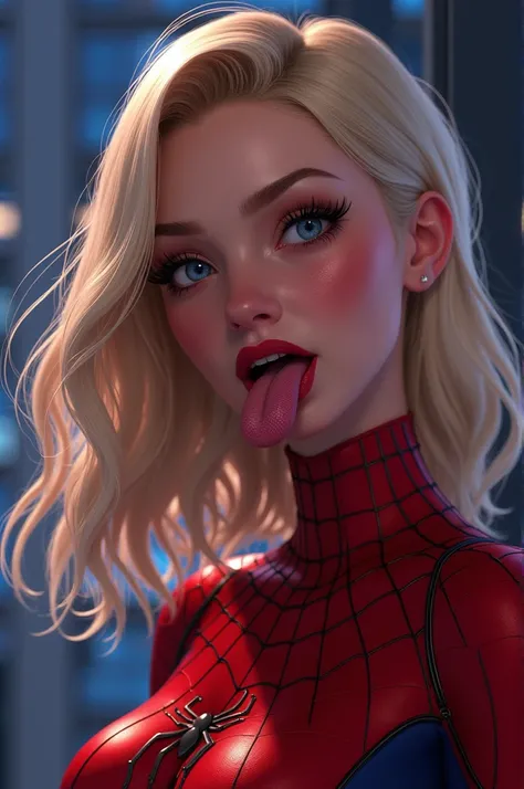 Gwen , Spider Gwen, Gwen Stacy, Spider Man into the Spiderverse, GwenPoint of View, you are about to fuck Gwen with your penis. queen,  Open Mouth ,  tongue lick out , Drooling , Winks ,  orgasm elbow gloves , Naked, nude,  nsfw light smile ,  small breast...