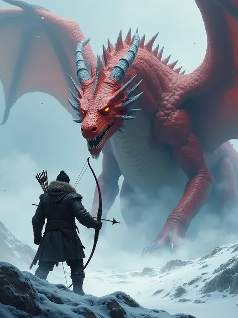 a Man in a snowstorm Stands infront of a big red Dragon who is about to spit Fire on the camera. The Man aims with an bow at the Camera