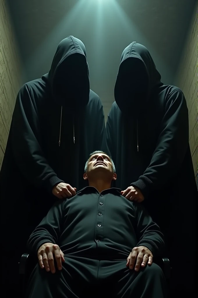 Guys weafing black hoodies with no face executing recep tayip erdoğan in a dark room