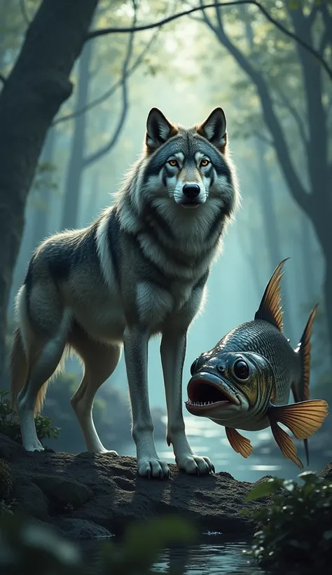 In the image, a wolf stands powerfully and elegantly next to a predatory fish. The wolf has thick, glossy fur, a mix of gray and white with darker shades along the edges. Its eyes are sharp and alert, reflecting its intelligence and strength. It stands fir...