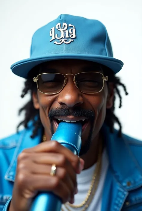 Snoop Dogg blowing a blue schilling musical toy kazoo with a white background
