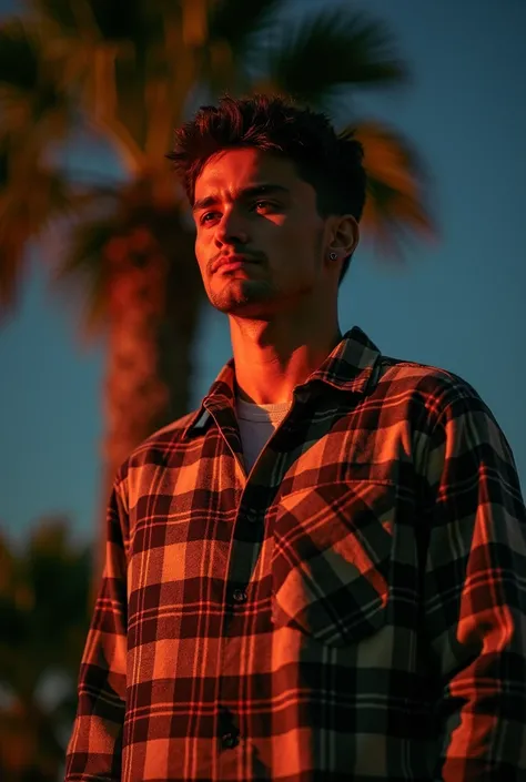 arafed man in plaid shirt standing in front of a palm tree, a portrait inspired by Aaron Miller, unsplash, renaissance, artem, album art, performing, raphael lecoste, borja, awarding winning, slight smirk, adi meyers, diego fernandez, profile shot, zac ret...