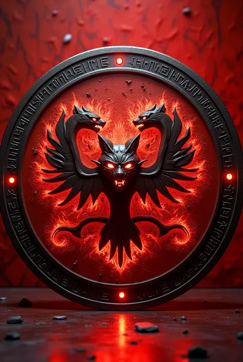 A majestic and intricately designed round shield with a is shown against a textured vivid red background. The shield features glowing red runes, casting an ethereal light. The face of the shield has 4 fiery cats on it.