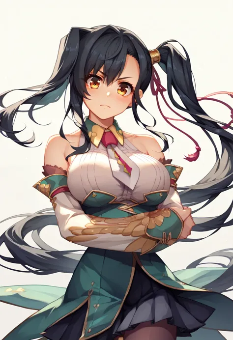 Kanu aisha_koihime _music　 side ponytail　Big Eyes　 black hair　Big Breasts　Guan Yu　Holding the Blue Dragon Engetsu Sword in both hands　background:Chinatown