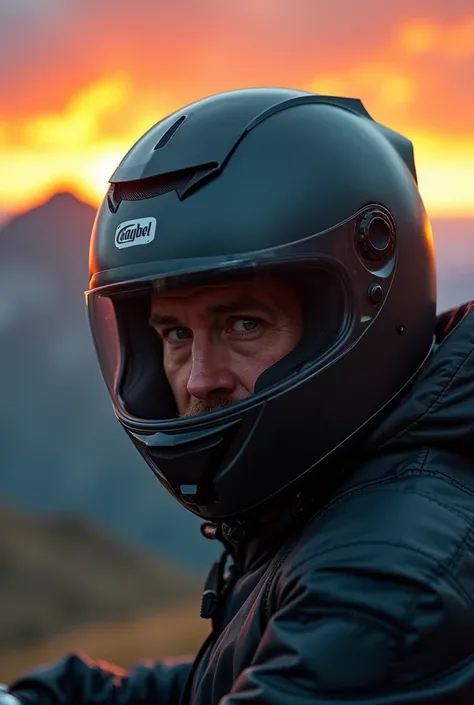 realistic photo, motorcyclist,  shot on the helmet, sunset in the mountains 