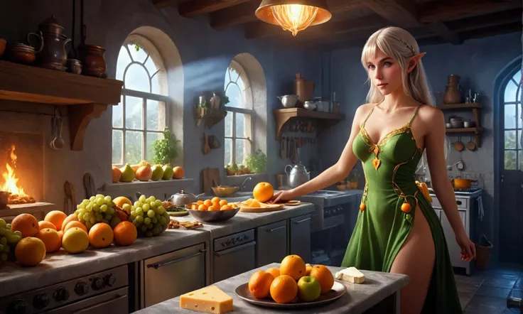 a cute elf girl, 20 years old, amazing butt, sheer dress, underwear, cooking in a magic fantasy kitchen, preparing amazing fruit and cheese dishes, hyper detailed, intricate, photorealistic, 8k, masterpiece, digital art, vibrant colors, dramatic lighting, ...