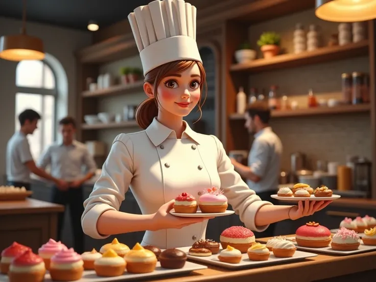 realistic image of a pastry worker serving customers