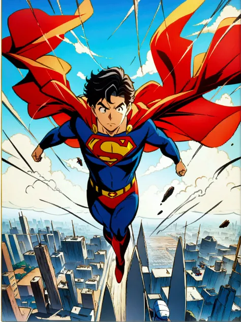  superman flying through the air with his cape open, an anime drawing by Kishi Ganku, pixiv contest winner, cute, , shin hanga, official anime artwork, official art, Jon Kent, high detailed official artwork, 4 k manga wallpaper, superman, shounen jump, off...