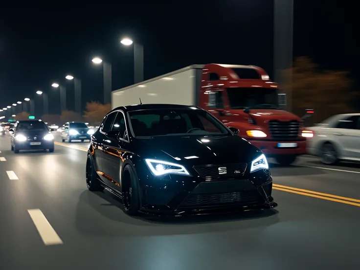 Create an image of a moving car Black Seat Leon 1 after tuning (lowering the valance, tinted windows) at night on the highway, there should be several other cars around the car and one truck with a semi-trailer in the back, keep a slight blur imitating the...