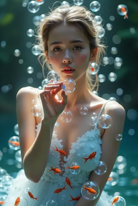 a realistic woman,  with soft and expressive features ,  holds a stick of bubbles in front of her face , delicately blowing .  From each bubble that emerges from the stick , there is a fish swimming inside .  The fish are brightly colored and seem to move ...