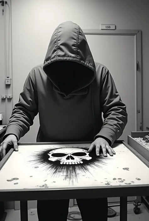 A guy silkscreen printing a minimalist skull, in a room and for the guy to have a hood 