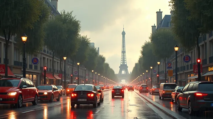 Create a Paris city traffic scene with pouring rain and flying sparks. on a clear day. 3D Pixar animation style. Very empty streets. Camera in side view