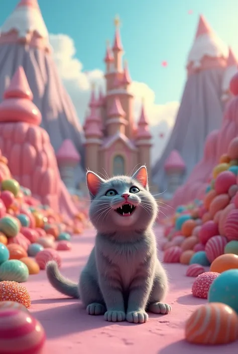 a gray cat wakes up in a world of candy ,  in the background you can see mountains and a castle made of candy 