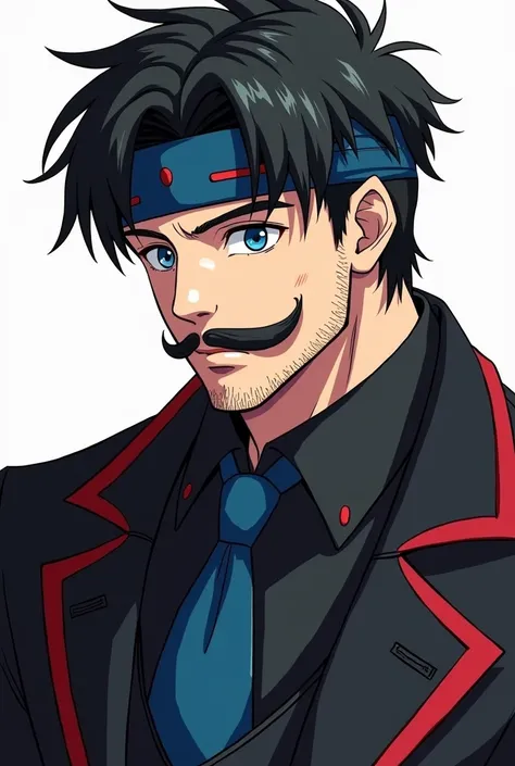  Draw in anime style a sturdy man of 2 meters ,  he wears a black suit with dark reddish details . He has fair skin , blue eyes,  straight and black hair that is not short with his fringe behind a BLUE headband with details in RED,  your face is reminiscen...