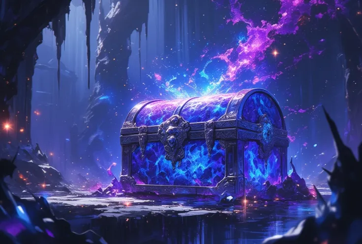 a magical wiff, magical chest with glitter, blue and purple