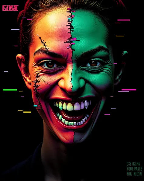 Create a glitch art-inspired digital portrait with a dual-tone aesthetic, featuring a menacing, close-up view of a split face in vibrant glitch style. The left side of the face is composed of warm, intense colors—predominantly fiery reds, oranges, and yell...