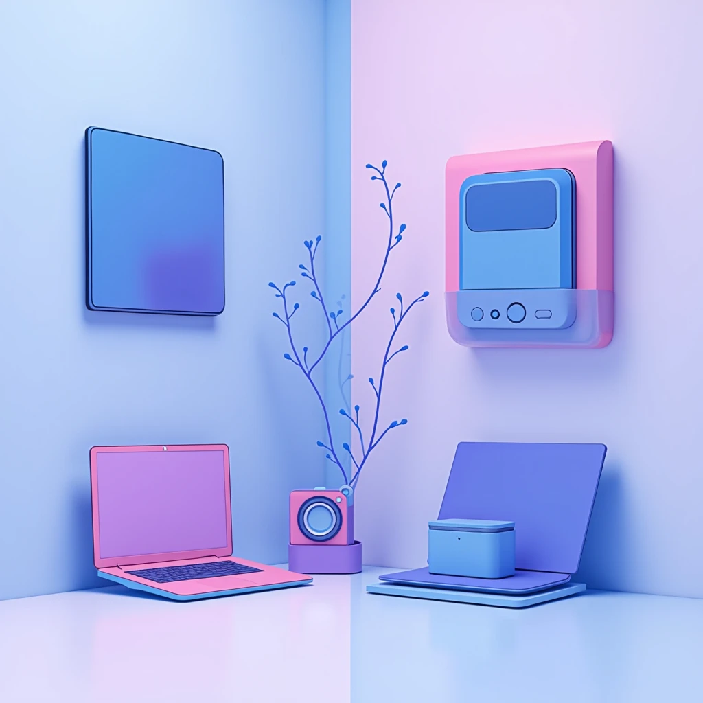 Create an illustration that shows a split-screen comparison of three types of home gadgets. The style should be minimalist and modern, using blue pink and purple colors to give a clean, tech-savvy look that emphasizes a techy vibe.