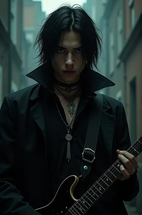 Dark wearing big noose rockstar boy with long black hair with wolfcut and holding a guitar 