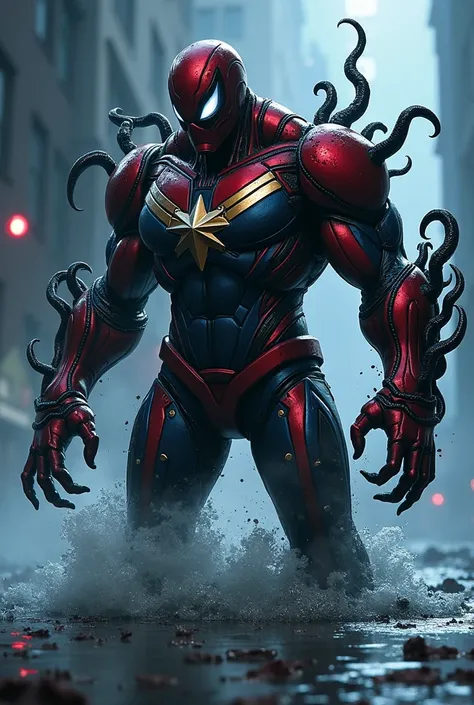 「Bộ giáp của Captain Marvel đứng trong bóng tối、 Completely infected by the venom of the symbiote 、 She transformed into a horrible form 。The entire armor is 、 Covered by black symbionts like the jet , Loss of metallic luster 。 On the surface of the armor ...