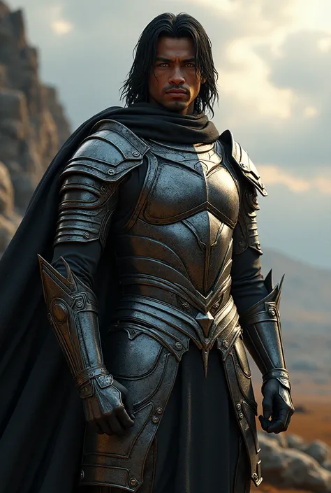 A young man around 20 to 30 years old , with dark skin, straight hair as black as night ,  golden eyes, dressed in steel armor.